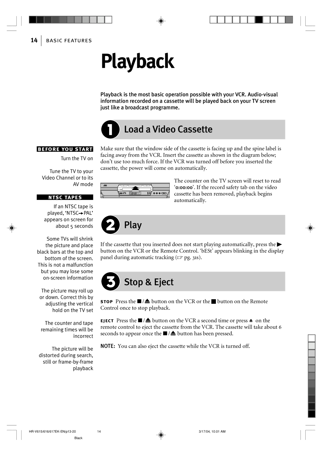 JVC HR-V615EK, HR-V617EK, HR-V616EK manual Playback, Load a Video Cassette, Stop & Eject 