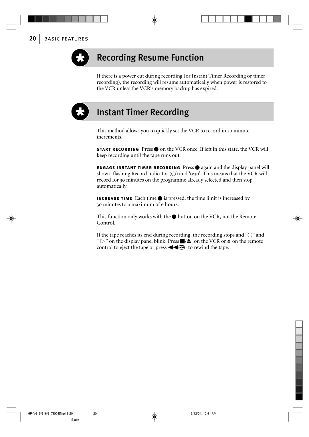 JVC HR-V615EK, HR-V617EK, HR-V616EK manual Recording Resume Function, Instant Timer Recording 