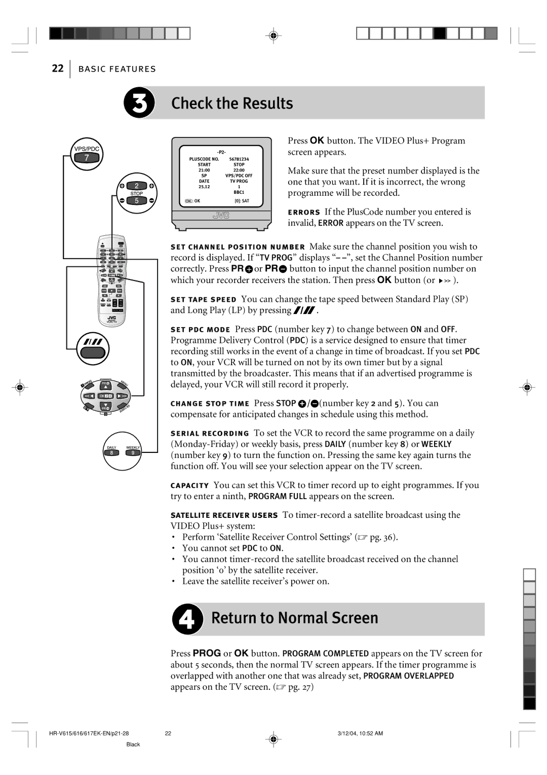 JVC HR-V616EK, HR-V617EK, HR-V615EK manual Return to Normal Screen, Screen appears 