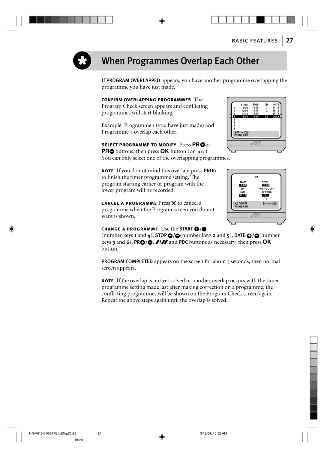 JVC HR-V617EK, HR-V616EK, HR-V615EK manual When Programmes Overlap Each Other, Confirm overlapping programmes 