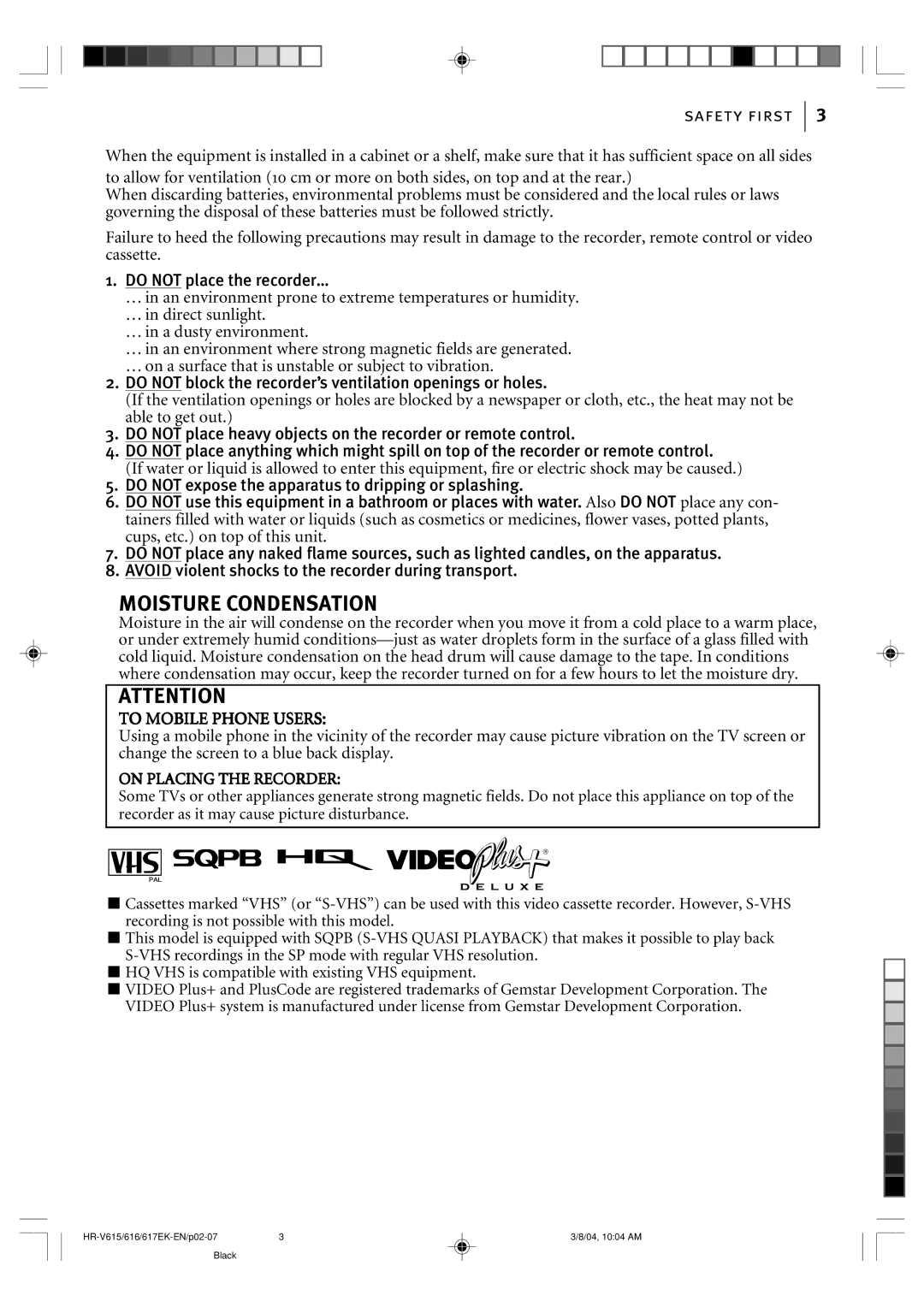 JVC HR-V617EK, HR-V616EK, HR-V615EK manual Moisture Condensation 