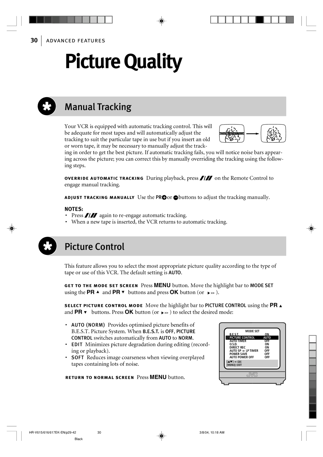 JVC HR-V617EK, HR-V616EK, HR-V615EK manual Picture Quality, Manual Tracking, Picture Control 
