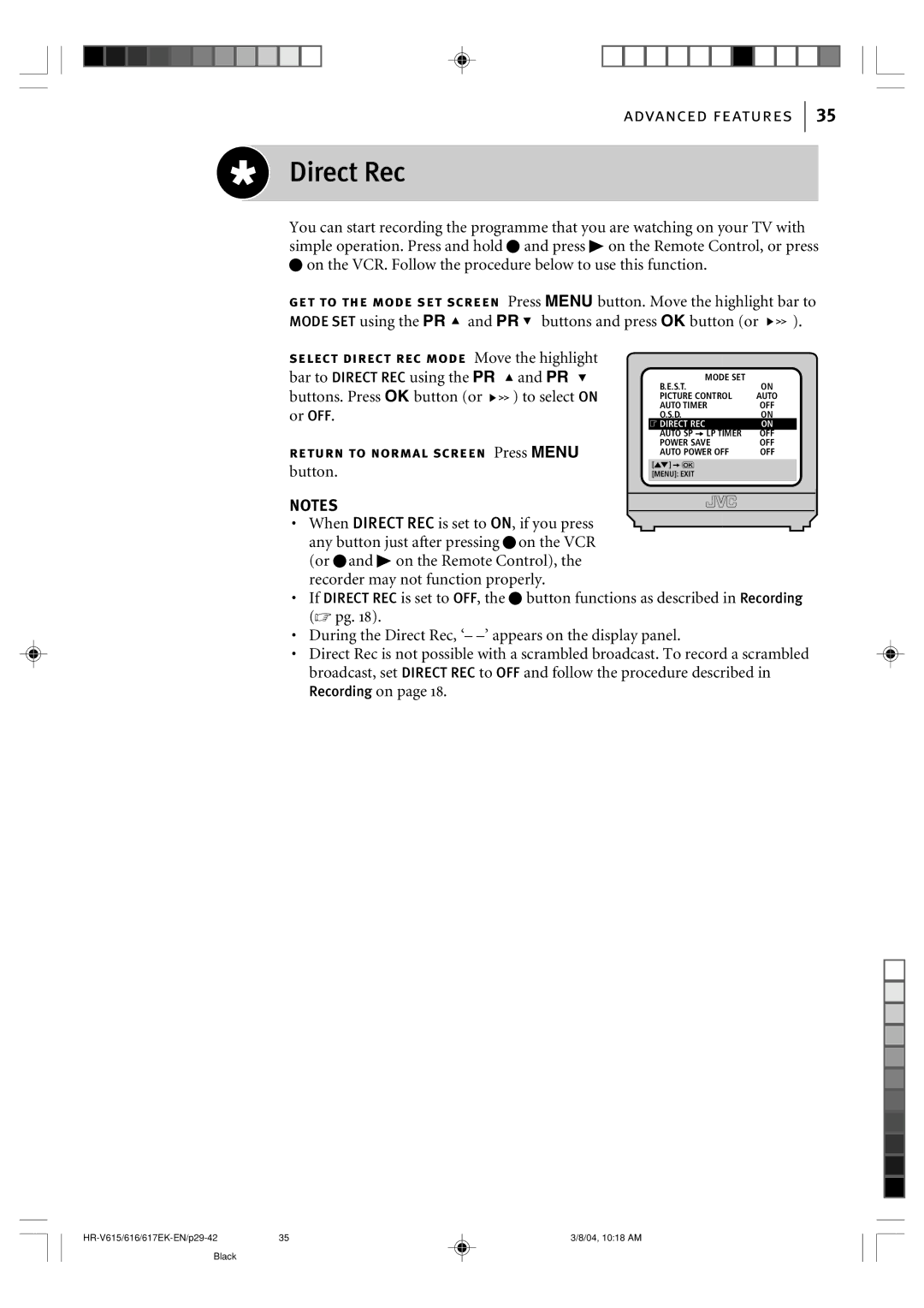 JVC HR-V615EK, HR-V617EK, HR-V616EK manual Direct Rec, Button 