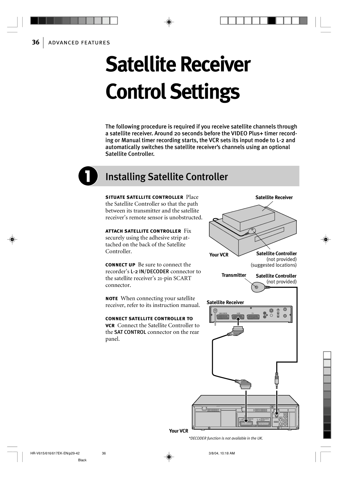 JVC HR-V617EK, HR-V616EK, HR-V615EK manual Satellite Receiver Control Settings, Installing Satellite Controller 