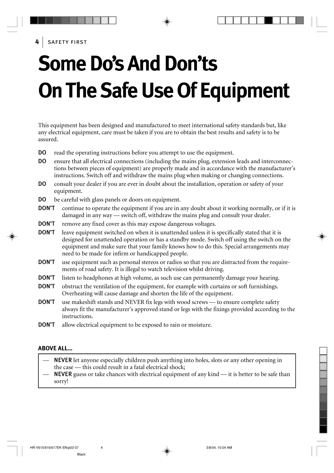 JVC HR-V616EK, HR-V617EK, HR-V615EK manual Some Do’s And Don’ts, On The Safe Use Of Equipment 