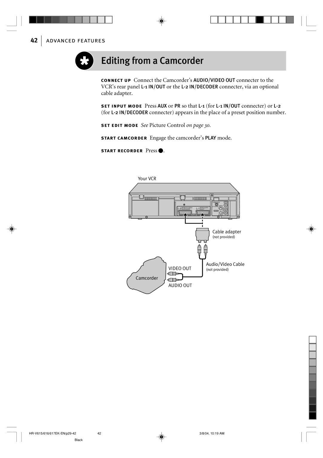 JVC HR-V617EK, HR-V616EK, HR-V615EK manual Editing from a Camcorder, Start recorder Press T 