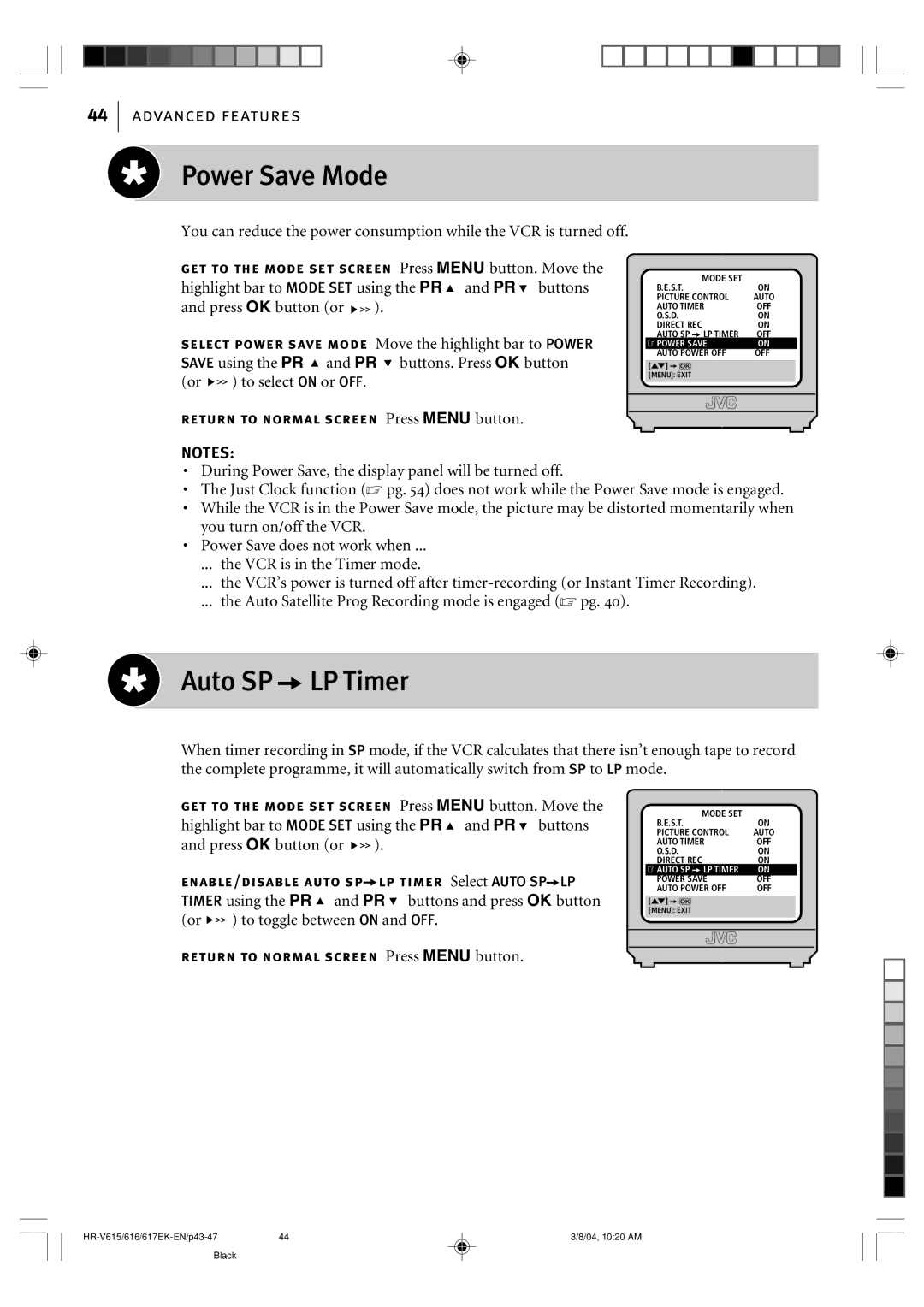 JVC HR-V615EK, HR-V617EK, HR-V616EK manual Power Save Mode, Auto SP aLP Timer 