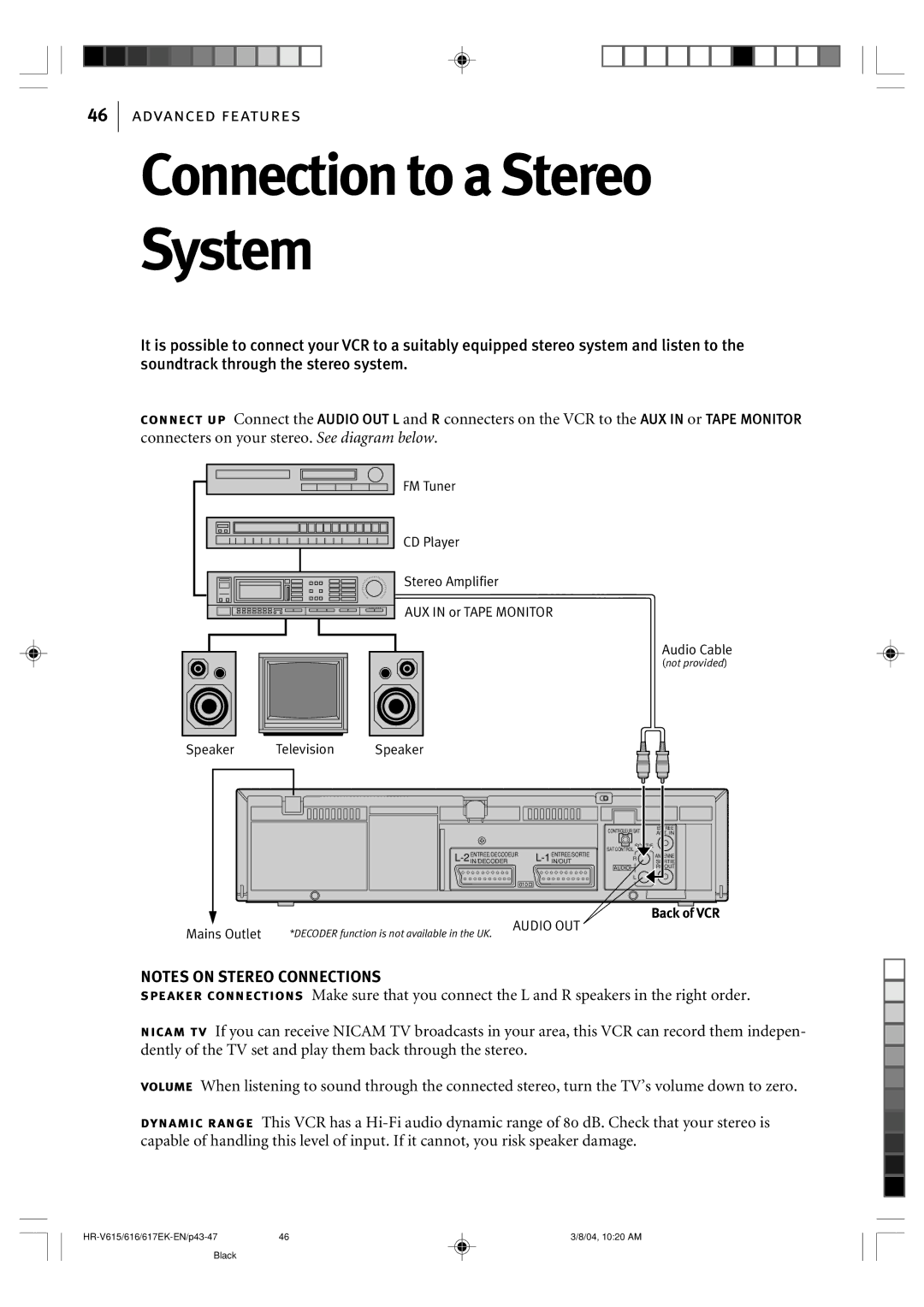 JVC HR-V616EK, HR-V617EK, HR-V615EK manual Connection to a Stereo System, AUX in or Tape Monitor 