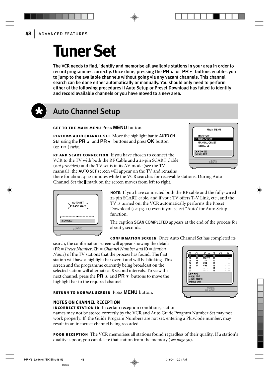 JVC HR-V617EK, HR-V616EK, HR-V615EK manual Tuner Set, Auto Channel Setup 