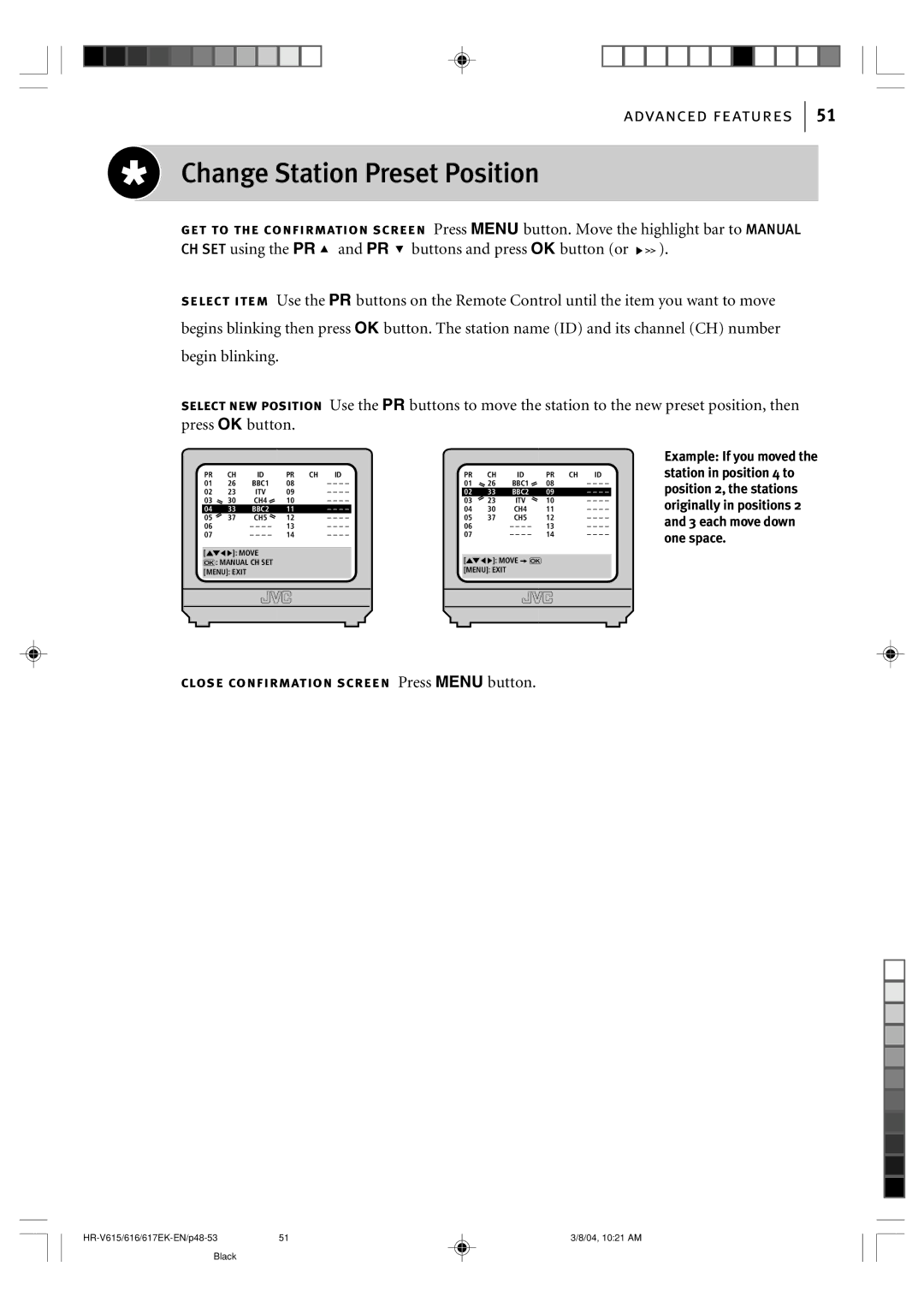 JVC HR-V617EK, HR-V616EK, HR-V615EK manual Change Station Preset Position 