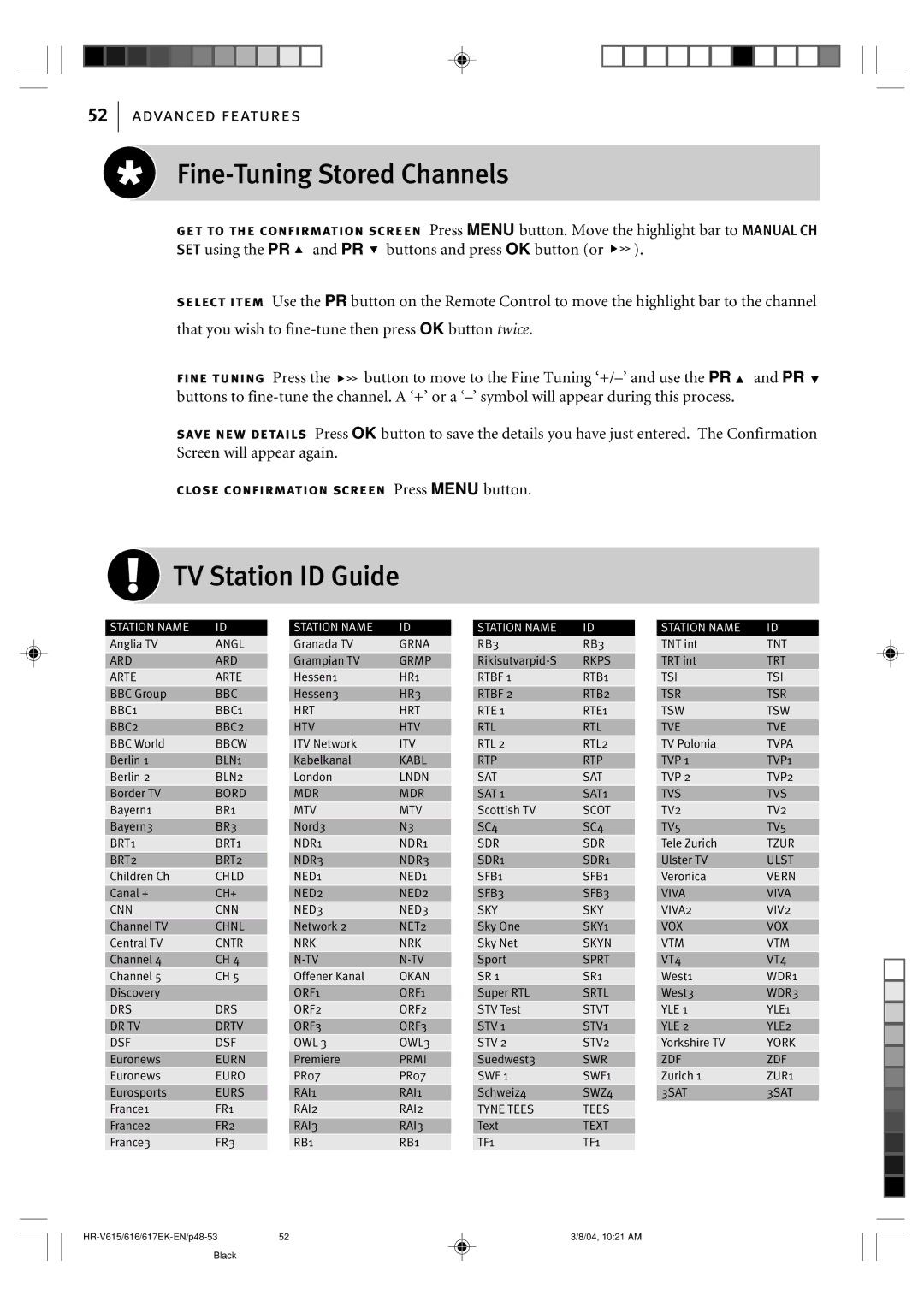 JVC HR-V616EK, HR-V617EK, HR-V615EK manual Fine-Tuning Stored Channels, TV Station ID Guide 