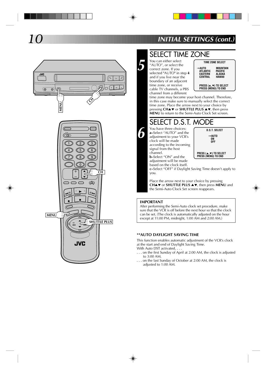 JVC HR-VP434U manual Select Time Zone, Select D.S.T. Mode 