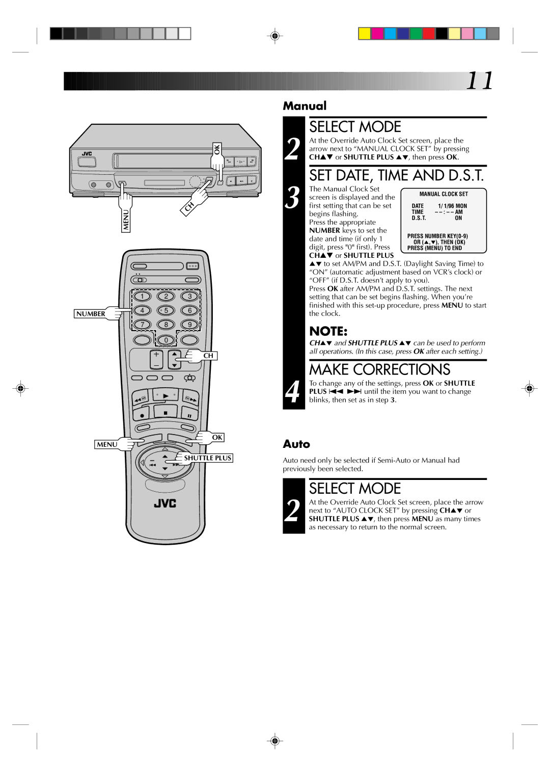 JVC HR-VP434U manual Make Corrections, Select Mode, CH or Shuttle Plus 5, then press OK 