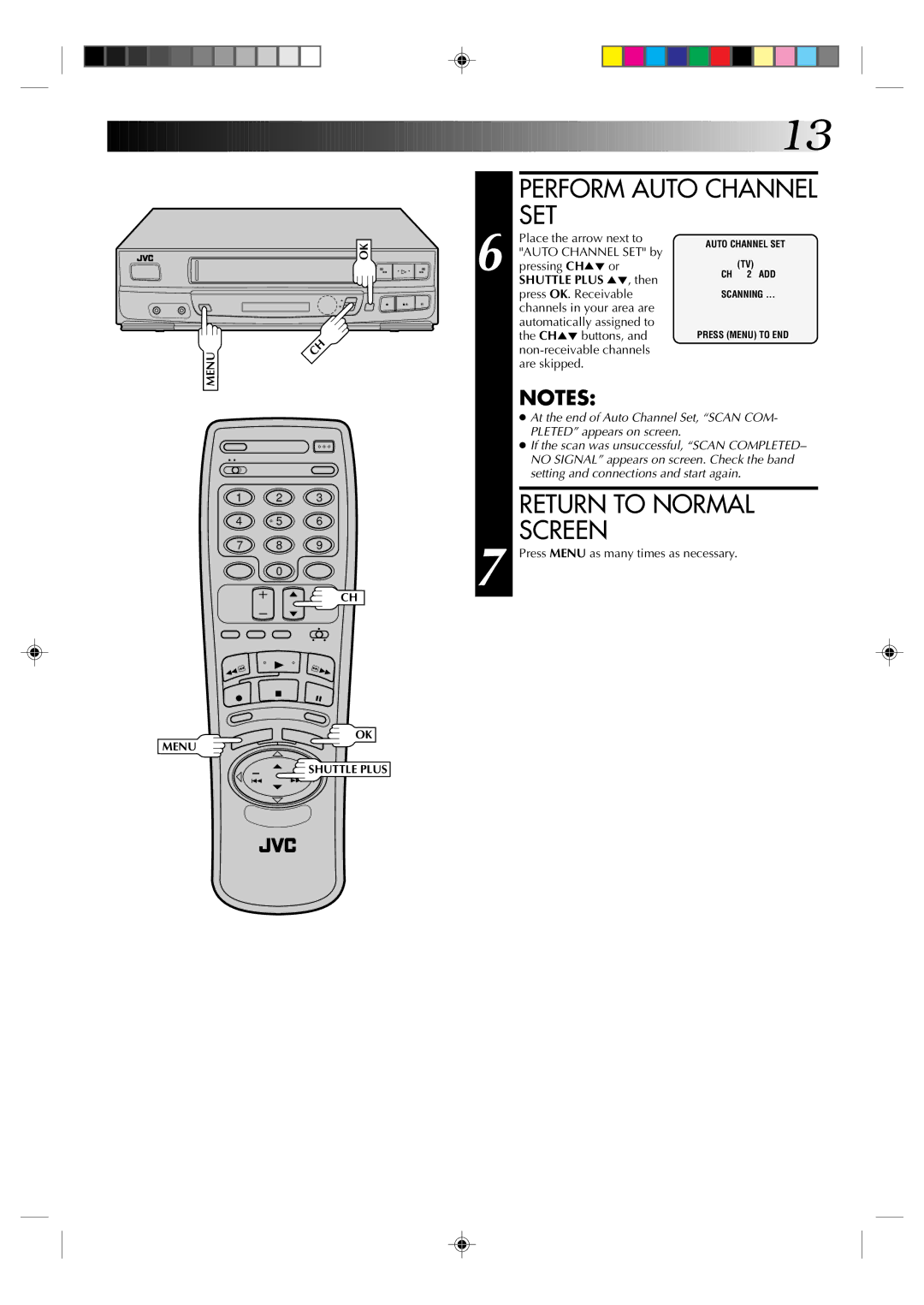 JVC HR-VP434U manual Perform Auto Channel SET, Return to Normal Screen 