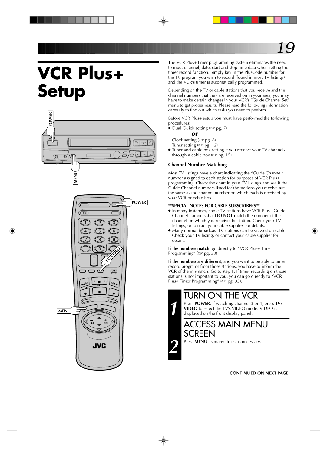 JVC HR-VP434U manual VCR Plus+ Setup, Access Main Menu Screen 