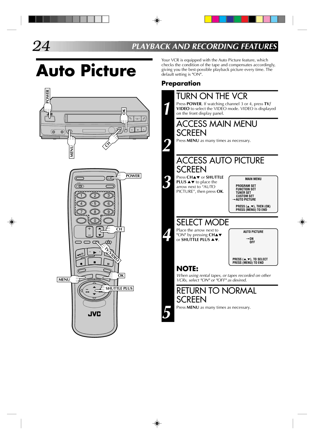 JVC HR-VP434U manual Access Auto Picture, Playb a CK and Recording Feat Ures 