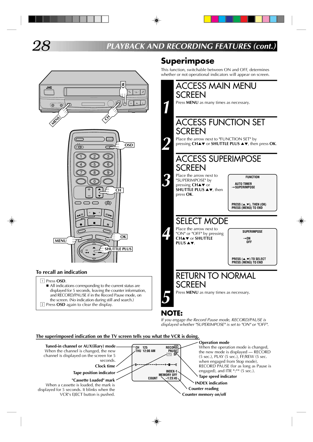 JVC HR-VP434U manual Access Function SET, Access Superimpose, Return to Normal 