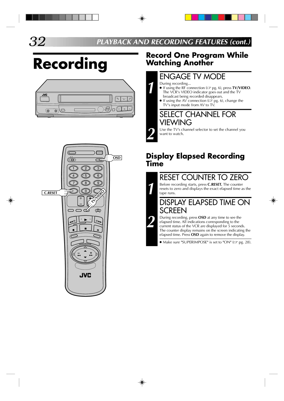 JVC HR-VP434U Engage TV Mode, Select Channel for Viewing, Display Elapsed Time on Screen, Display Elapsed Recording Time 