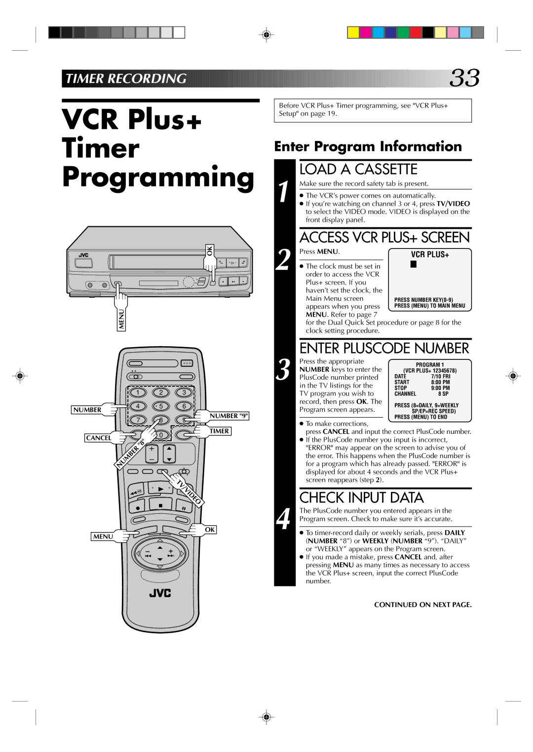 JVC HR-VP434U manual VCR Plus+ Timer Programming, Check Input Data, Timer Recording, Enter Program Information 