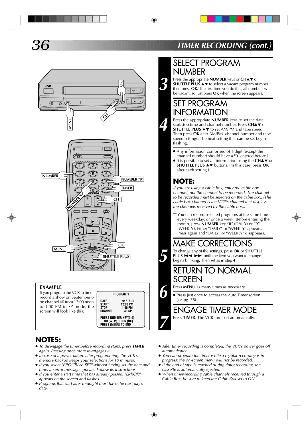 JVC HR-VP434U manual Select Program Number, SET Program Information 