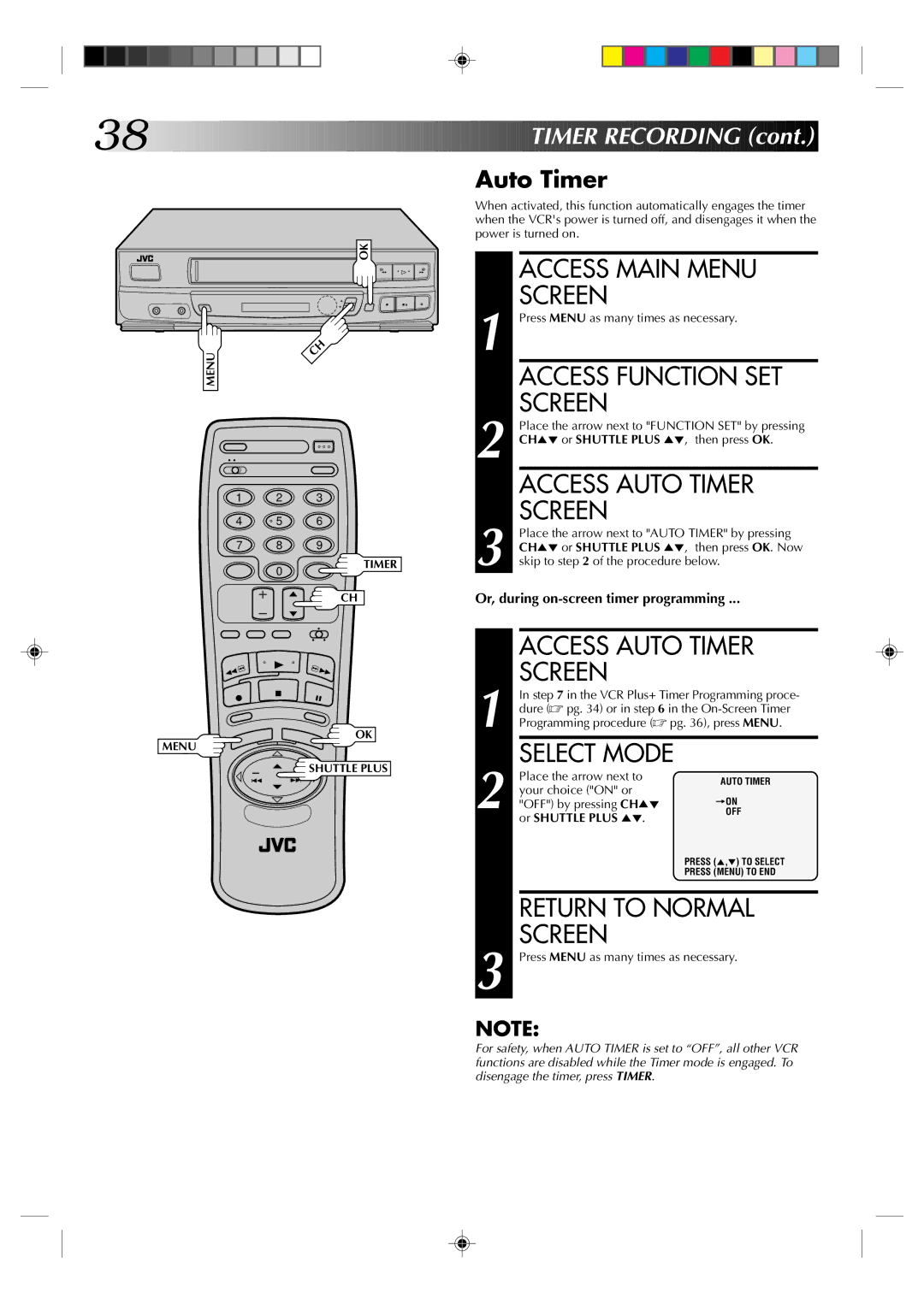 JVC HR-VP434U manual Access Auto Timer, Place the arrow next to, Your choice on or, OFF by pressing CH5 