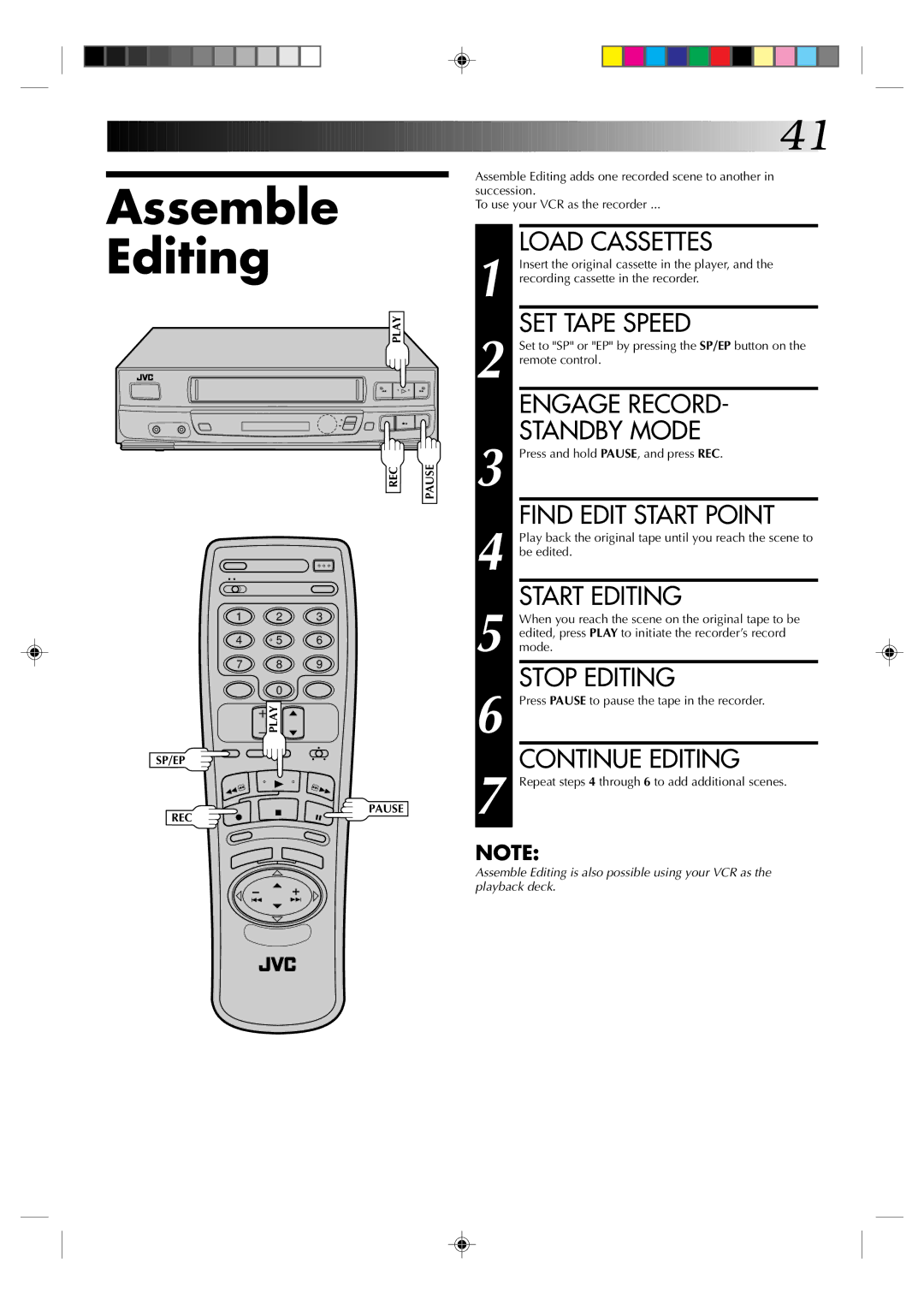 JVC HR-VP434U manual Assemble Editing 