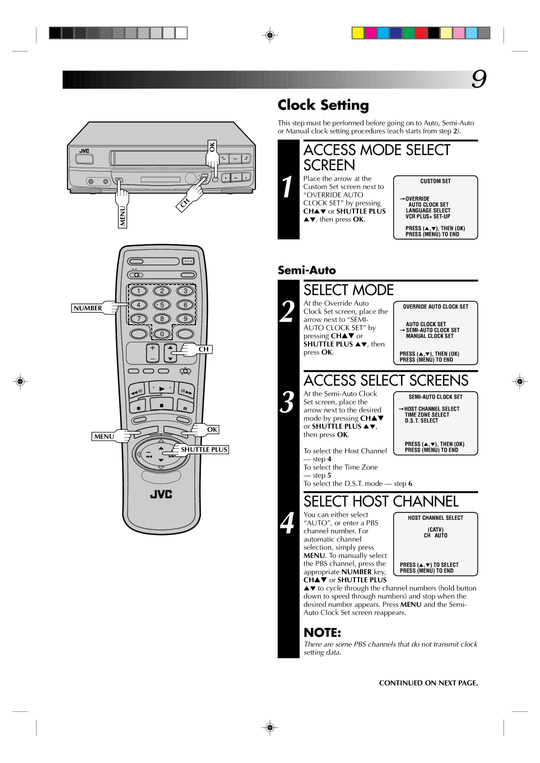 JVC HR-VP434U manual Select Host Channel, Clock Setting 