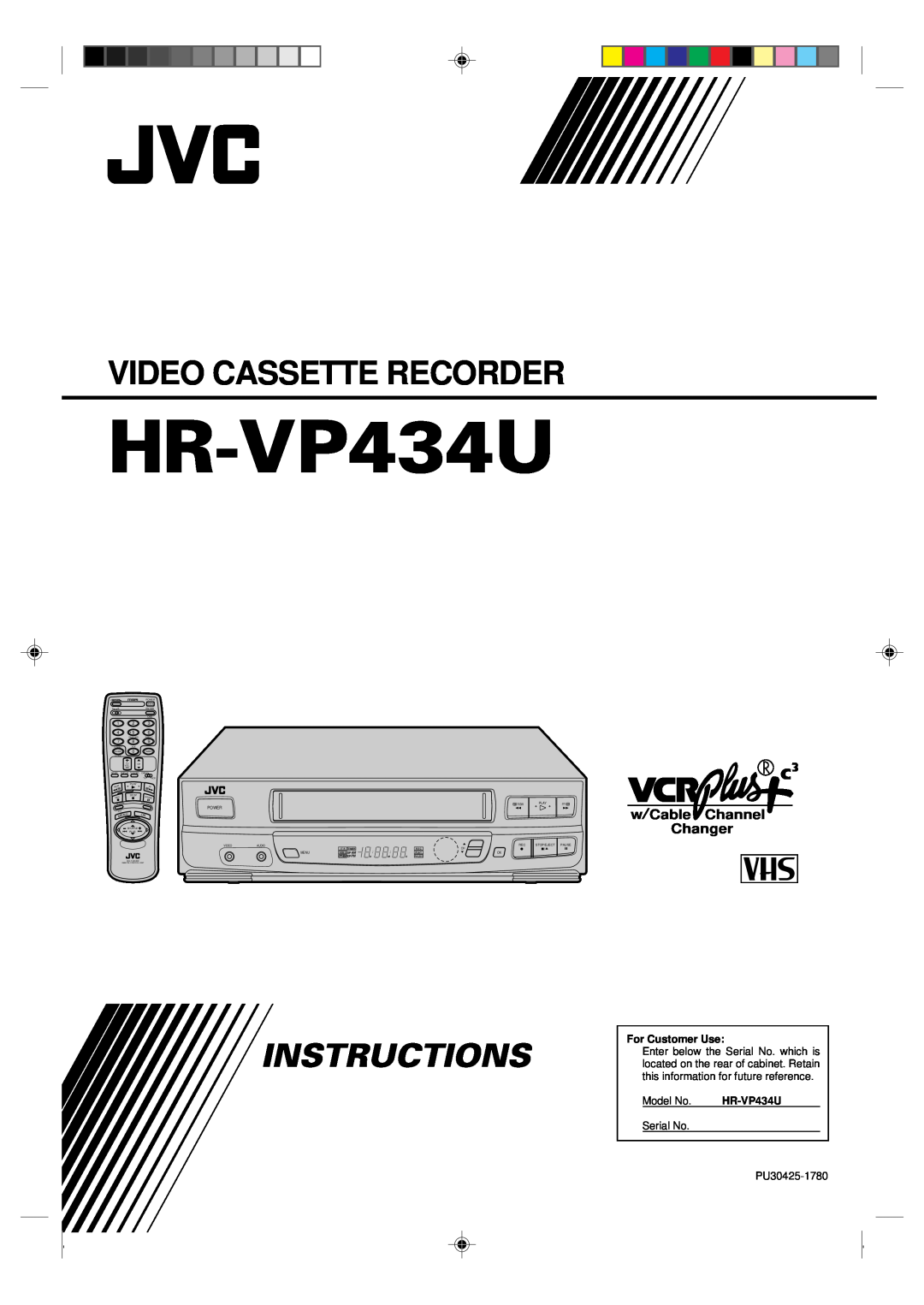 JVC HR-VP434U manual Video Cassette Recorder, Instructions, wCable Channel Changer, For Customer Use, Model No, Serial No 