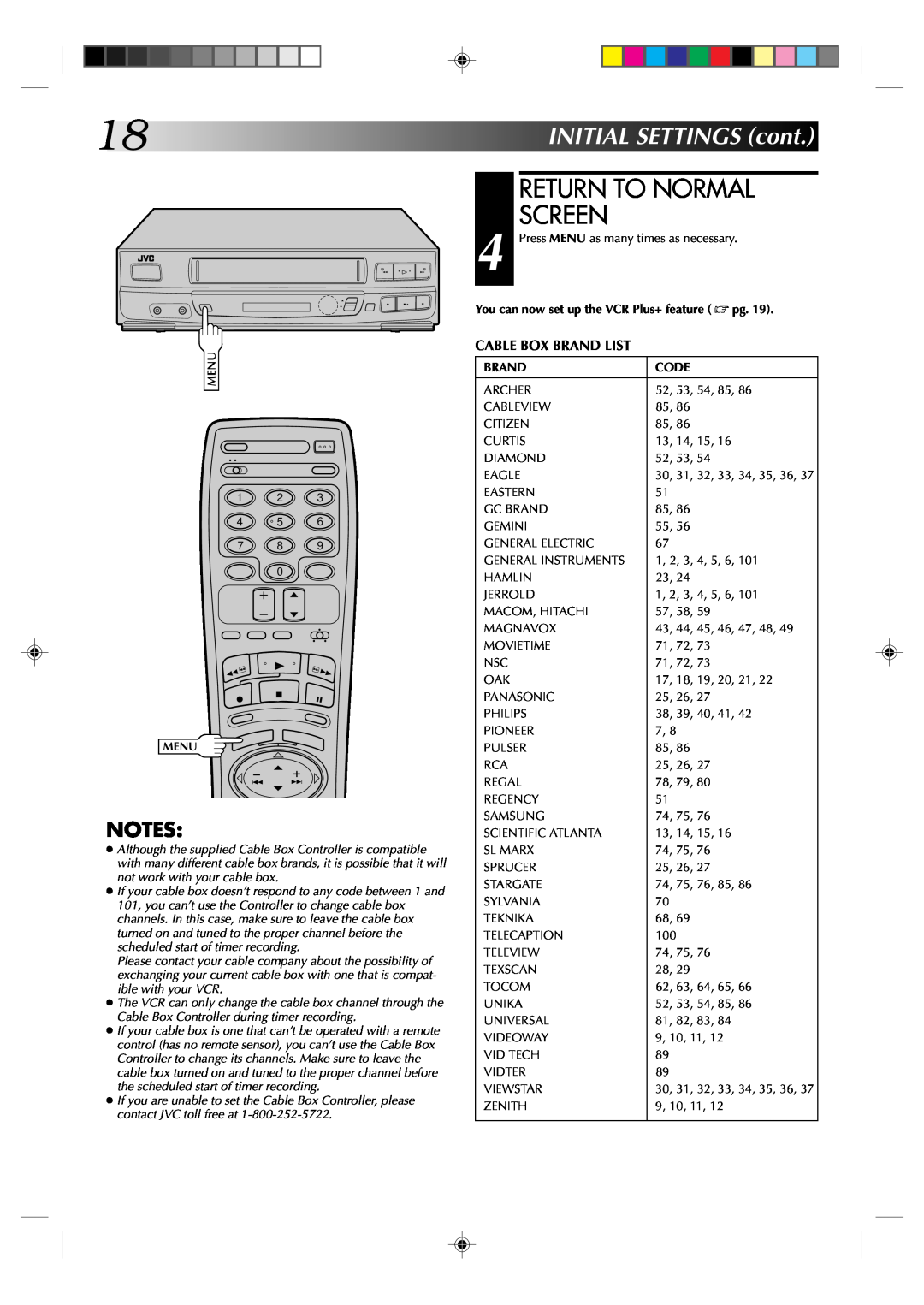 JVC HR-VP434U 18INITIALSETTINGScont, Return To Normal Screen, You can now set up the VCR Plus+ feature pg, Brand, Code 