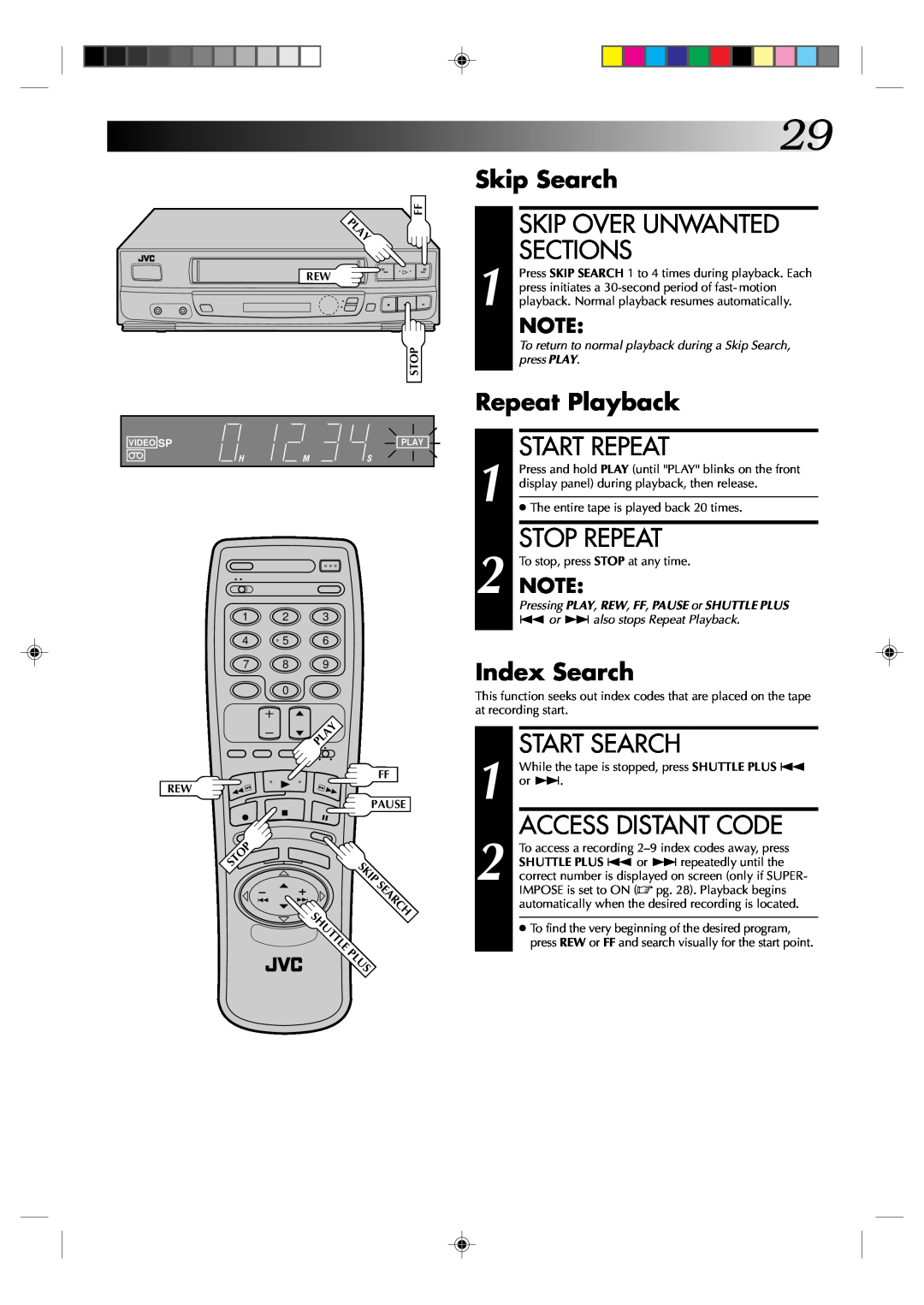 JVC HR-VP434U Skip Over Unwanted Sections, Start Repeat, Stop Repeat, Start Search, Access Distant Code, Skip Search, Plus 