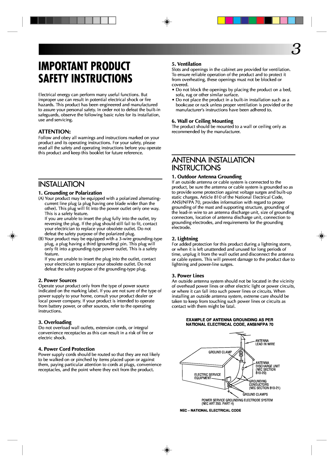 JVC HR-VP434U manual Important Product Safety Instructions, Antenna Installation Instructions 