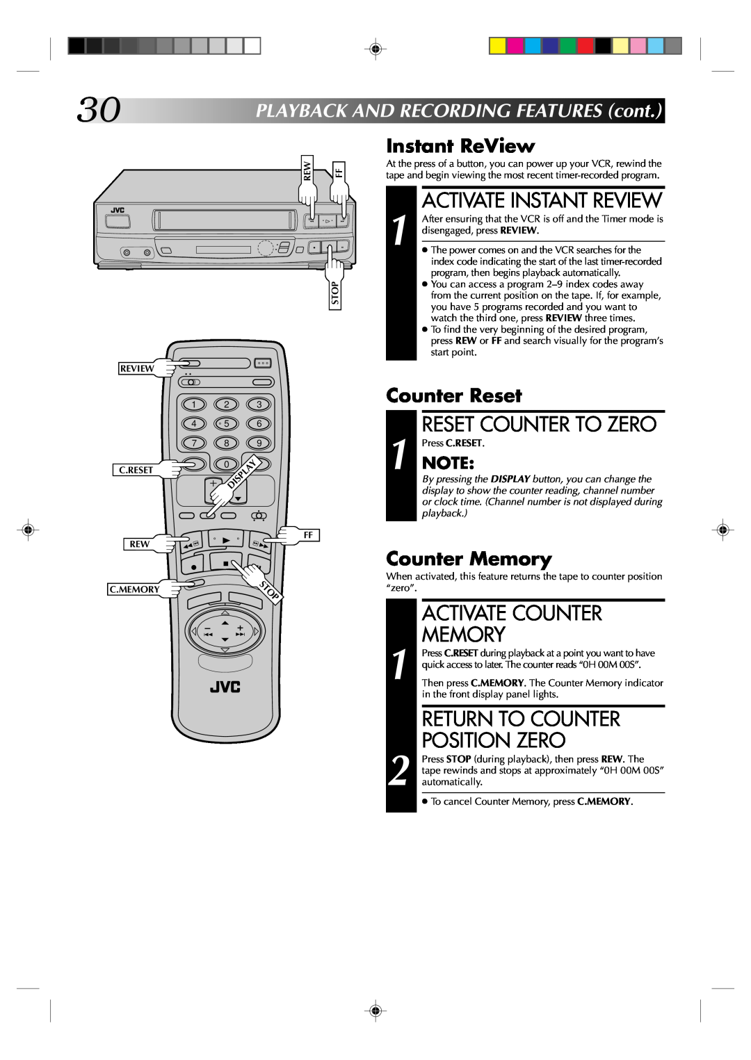 JVC HR-VP434U Activate Instant Review, Reset Counter To Zero, Activate Counter, Memory, Return To Counter Position Zero 