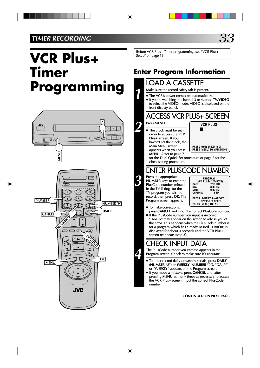 JVC HR-VP434U VCR Plus+ Timer Programming, Check Input Data, Timerrecording, Enter Program Information, Load A Cassette 