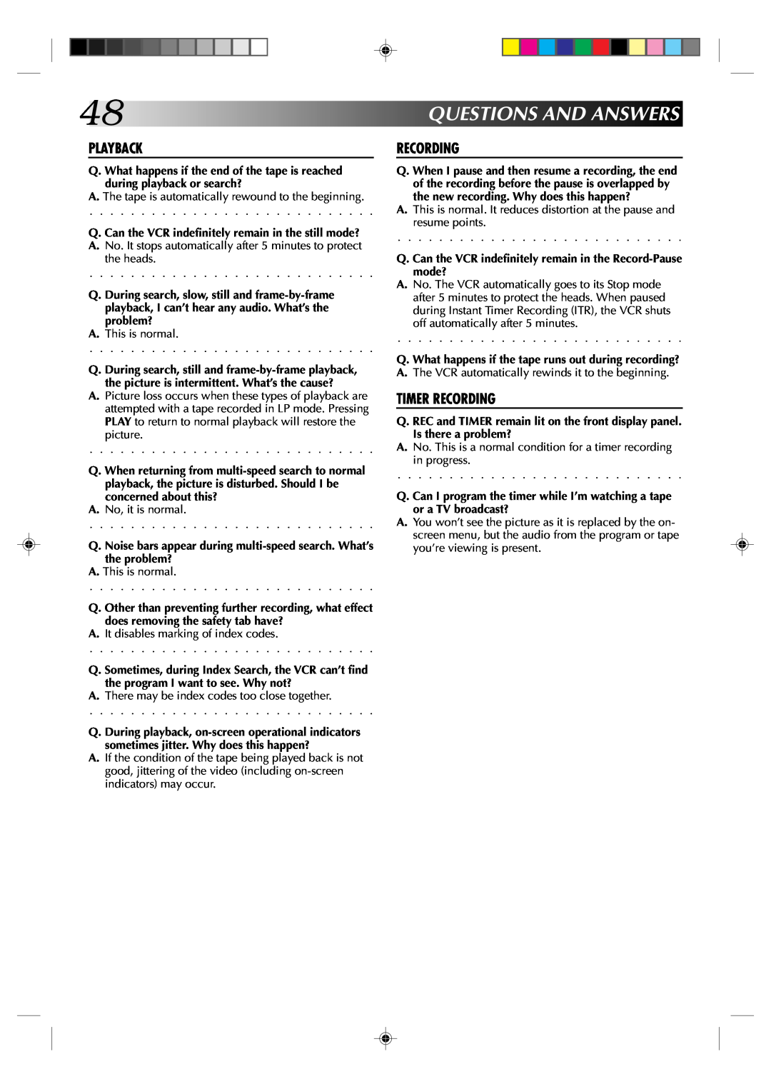 JVC HR-VP434U manual 48QUESTIONSANDANSWERS 