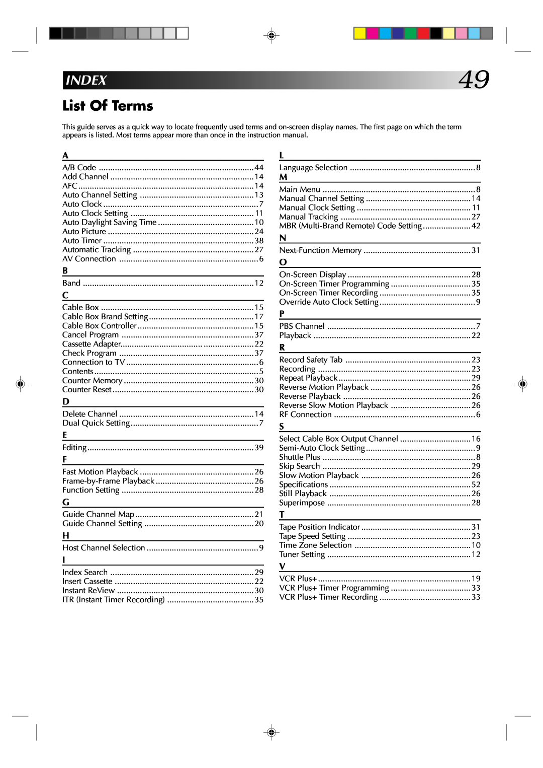 JVC HR-VP434U manual Index, List Of Terms 