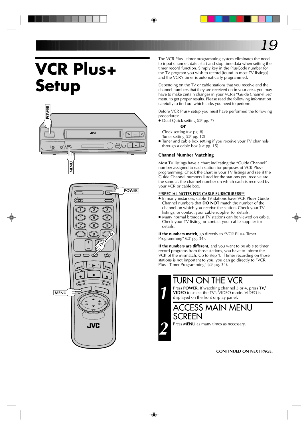 JVC HR-VP436U manual VCR Plus+ Setup, Access Main Menu Screen 