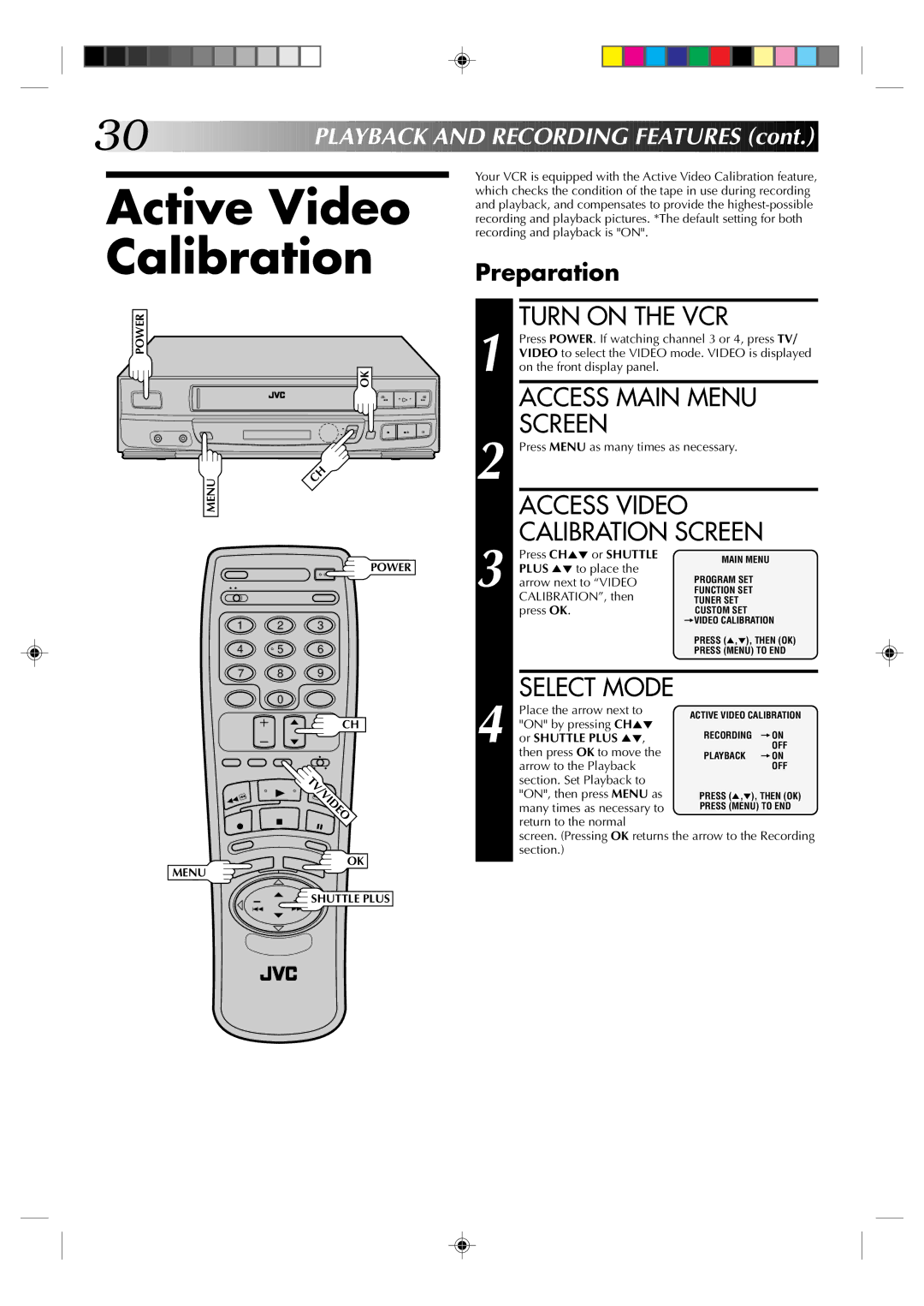 JVC HR-VP436U manual Active Video Calibration, Access Video Calibration Screen 