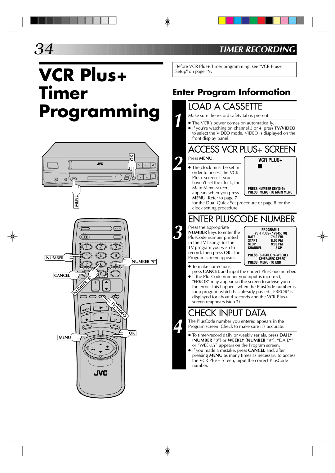 JVC HR-VP436U manual VCR Plus+ Timer Programming, Check Input Data, Timer Recording, Enter Program Information 