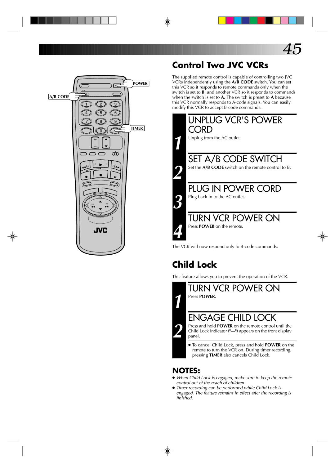 JVC HR-VP436U manual SET A/B Code Switch, Plug in Power Cord, Turn VCR Power on, Engage Child Lock 