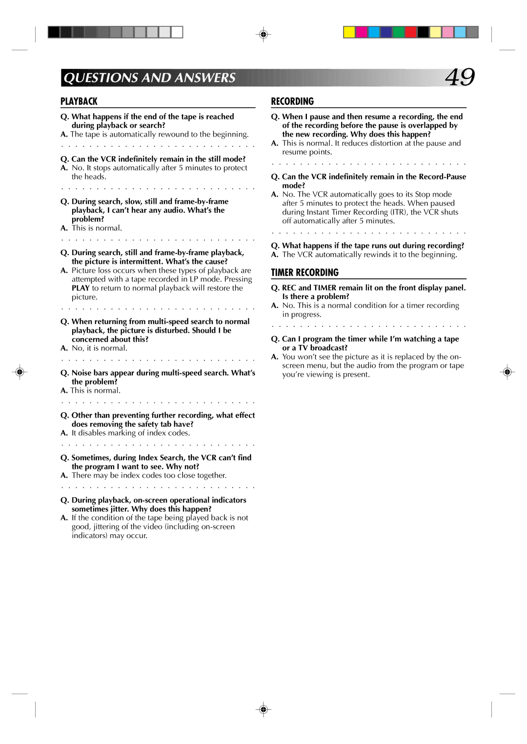 JVC HR-VP436U manual Quest Ions and Answers, Playback 