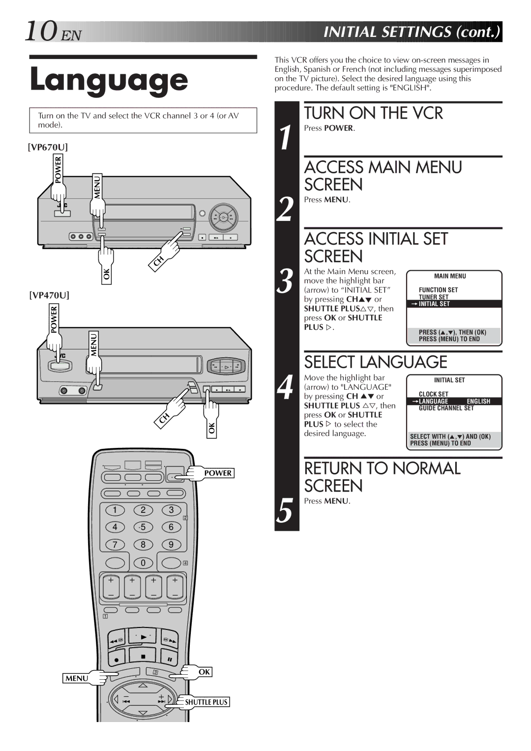 JVC HR-VP470U manual Language 