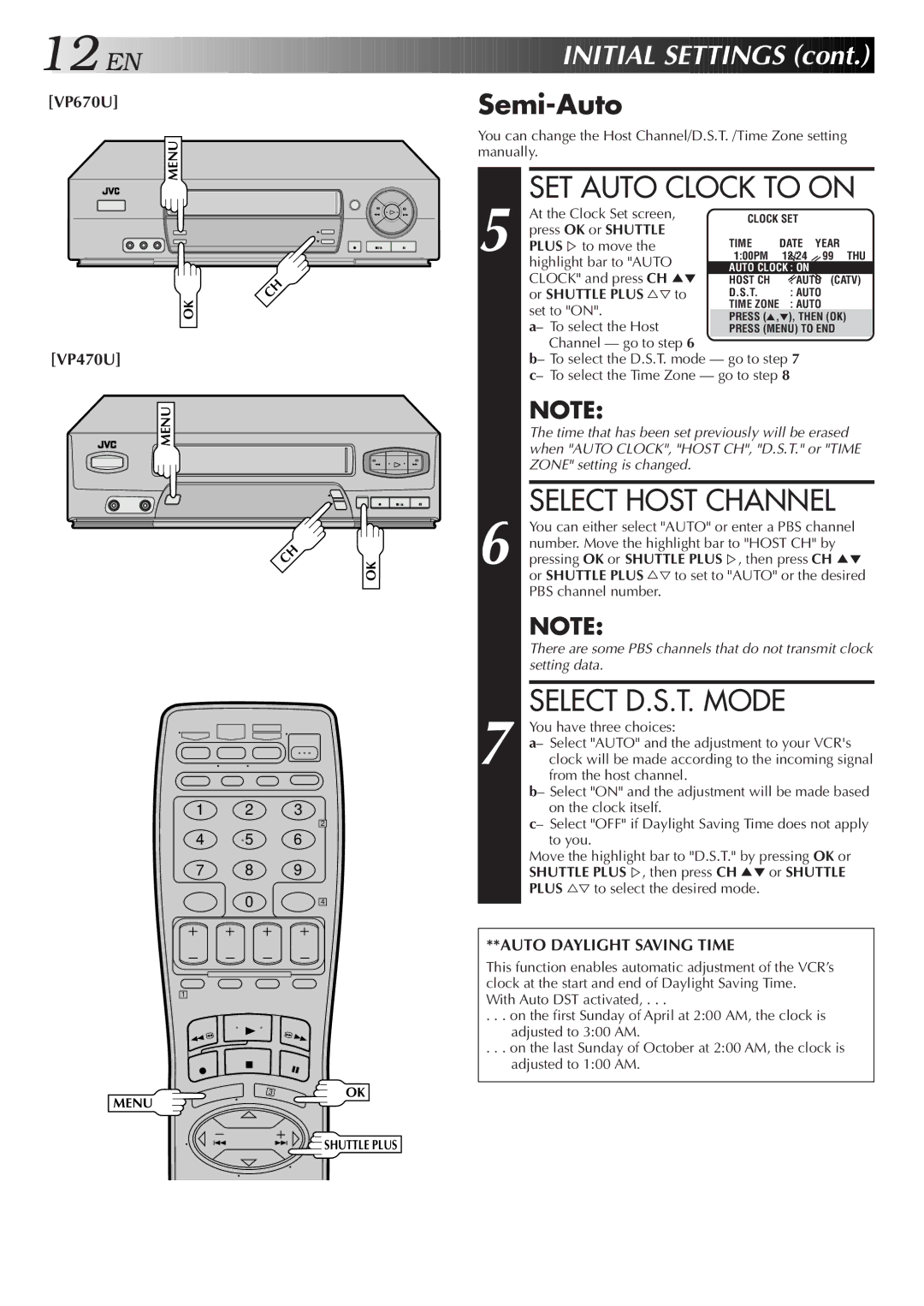 JVC HR-VP470U manual SET Auto Clock to on, Select Host Channel, Select D.S.T. Mode, Semi-Auto 