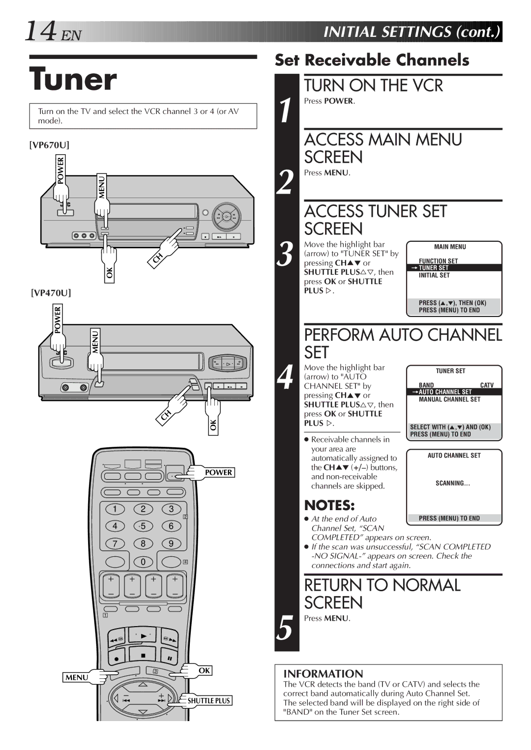 JVC HR-VP470U manual Access Main Menu Screen, Access Tuner SET Screen, Set Receivable Channels 