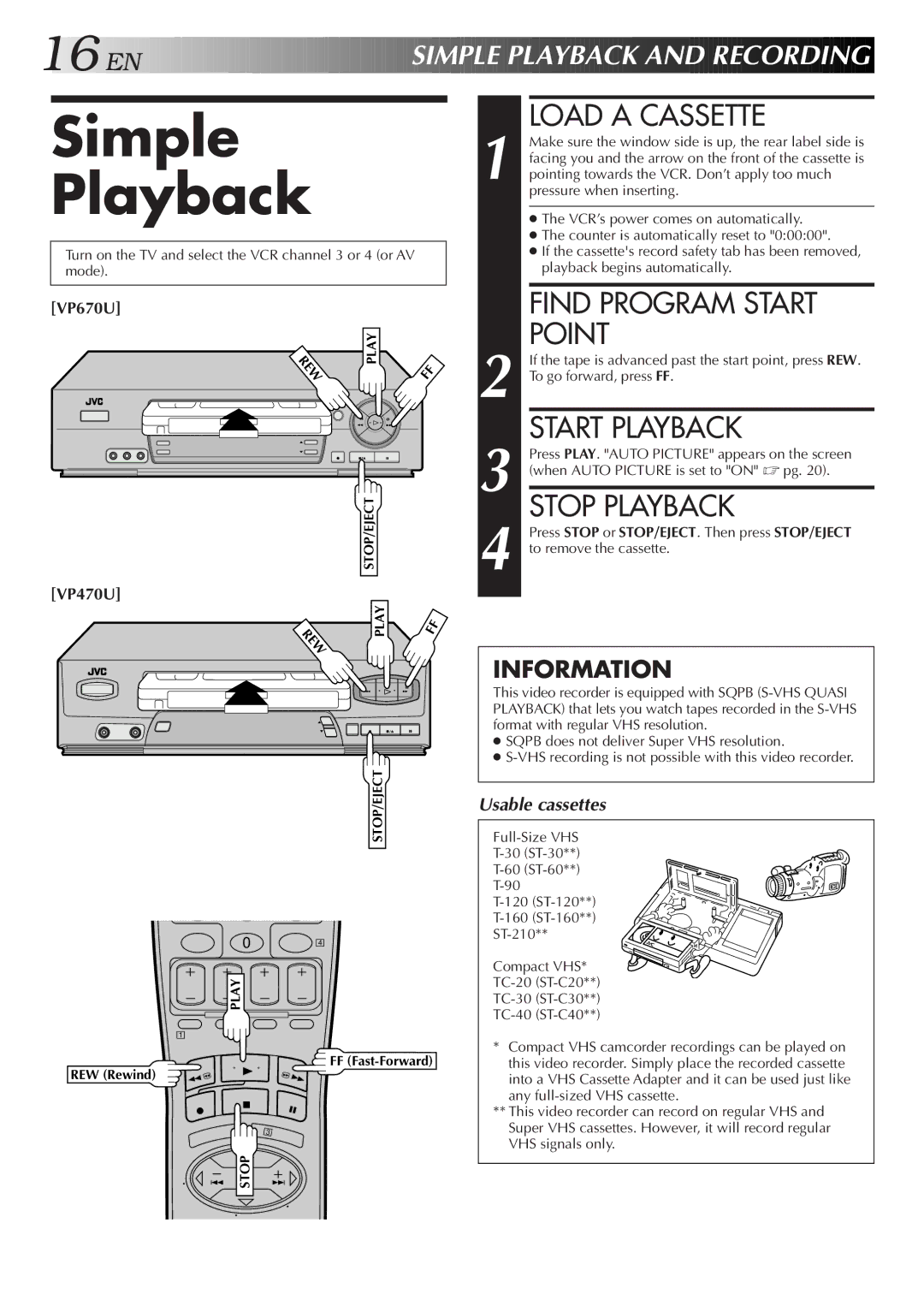 JVC HR-VP470U manual Simple Playback 