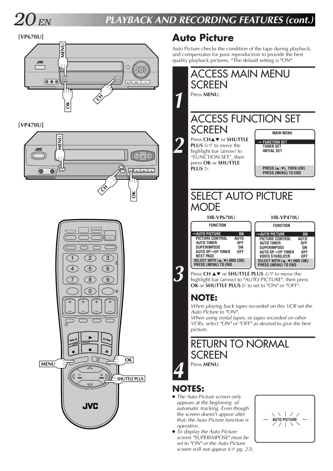 JVC HR-VP470U manual Access Function SET, Select Auto Picture Mode, Layback and Recording Features 