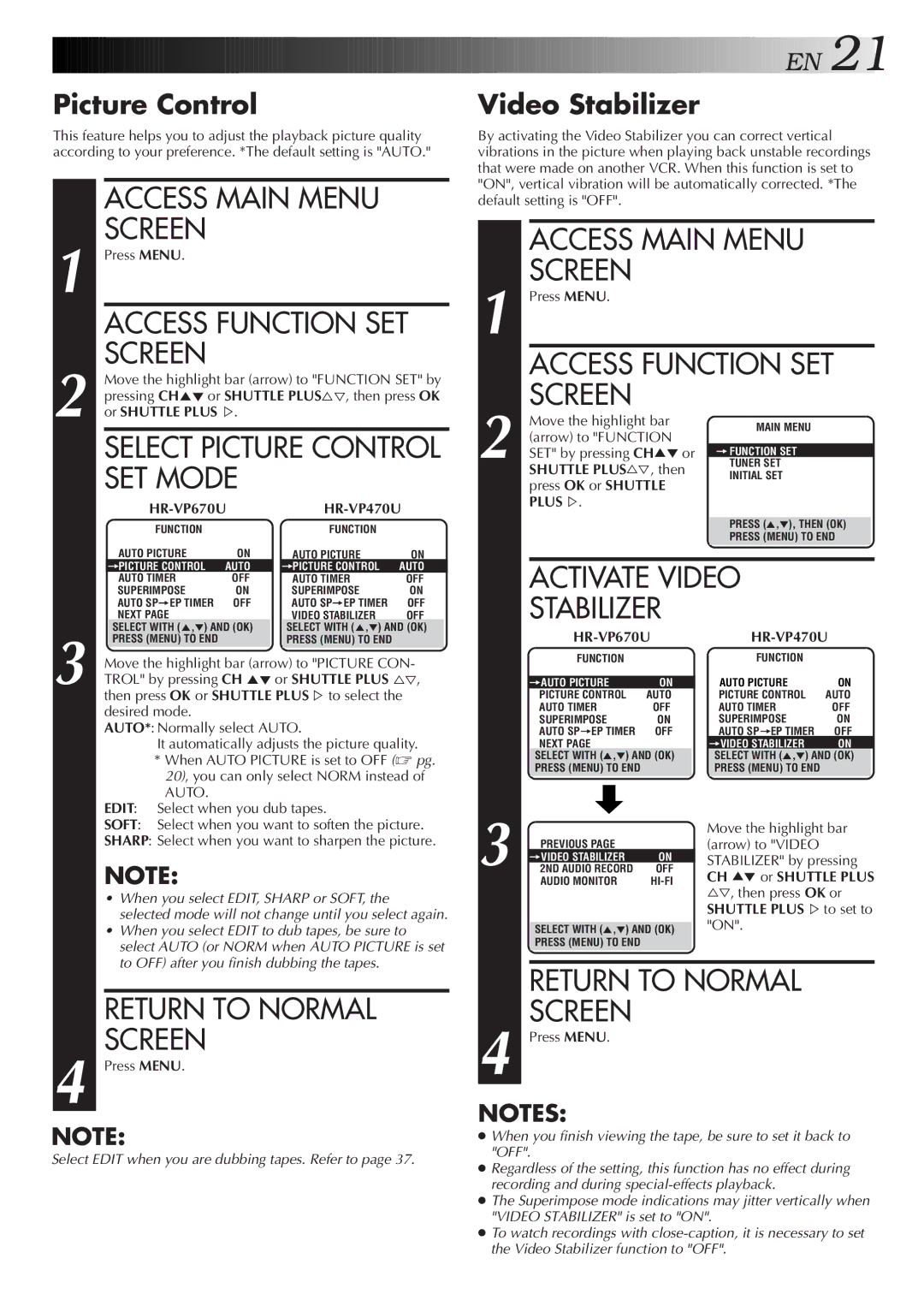 JVC HR-VP470U manual SET Mode, Picture Control, Video Stabilizer 