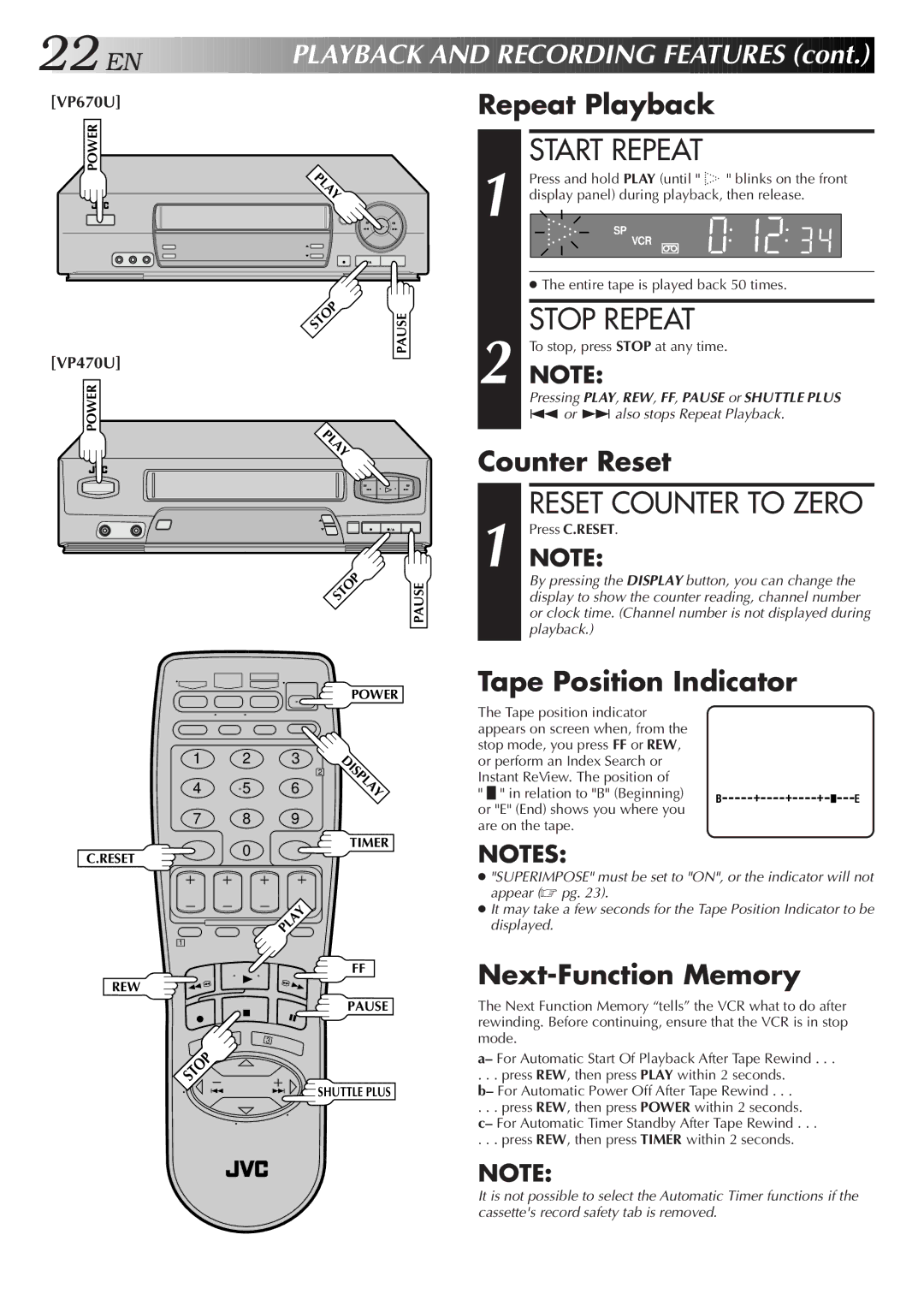 JVC HR-VP470U manual Start Repeat, Stop Repeat 