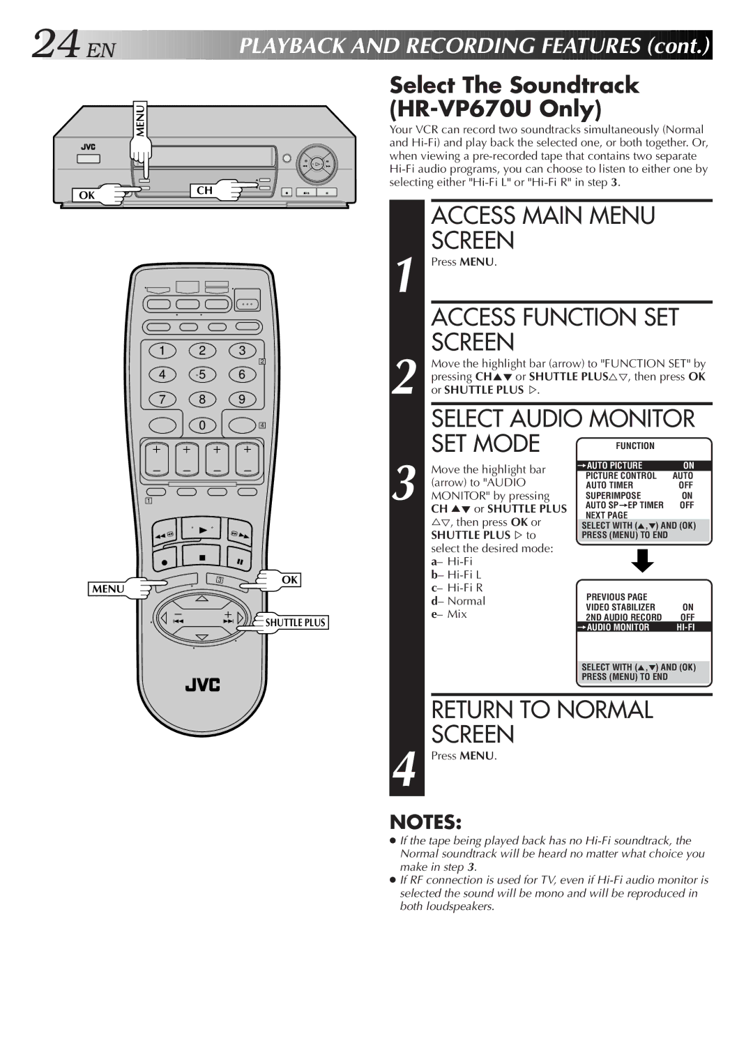 JVC HR-VP470U manual Select Audio Monitor, Select The Soundtrack HR-VP670U Only, Shuttle PLUS%to 