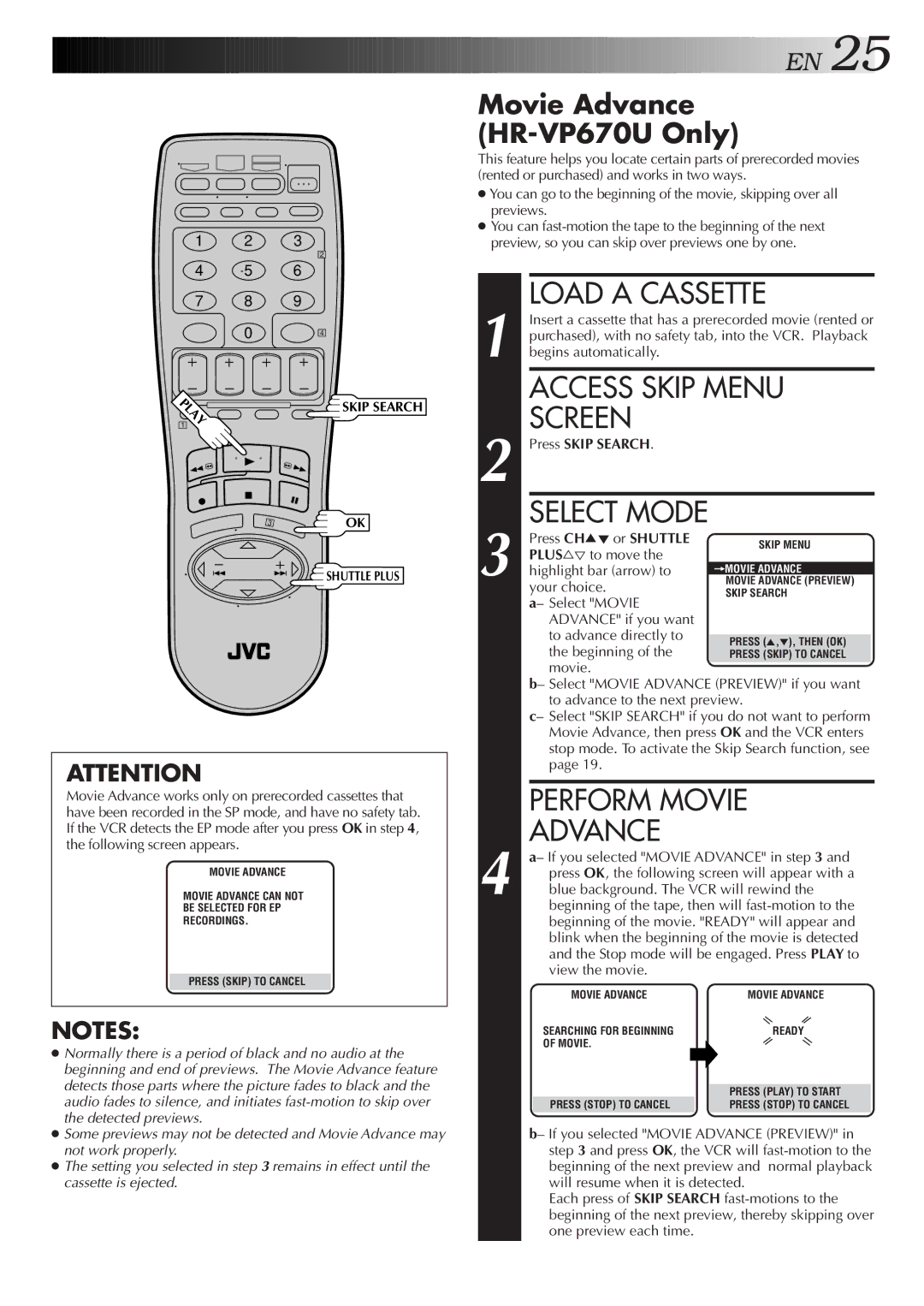 JVC HR-VP470U manual Access Skip Menu, Select Mode, Perform Movie, Movie Advance HR-VP670U Only 