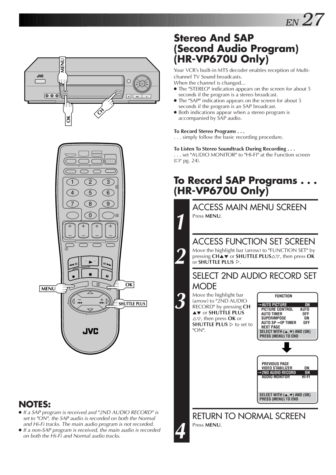 JVC HR-VP470U manual Stereo And SAP Second Audio Program HR-VP670U Only, To Record SAP Programs HR-VP670U Only 